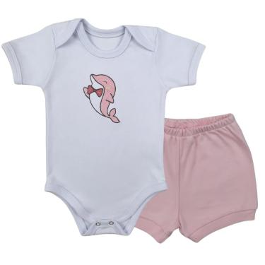 Imagem de Conjunto Body Manga Curta Bordado Golfinho e Short Tapa Fralda - Roupa Bebê Menina-Masculino