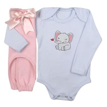 Imagem de Conjunto Body Manga Longa Bordado Elefantinho e Calça Suedine Mijão Culote - Roupa Bebê Menina-Masculino