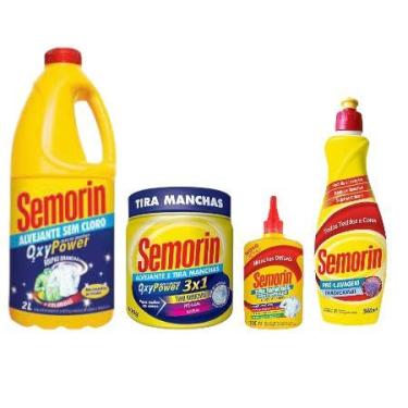 Imagem de KIT SEMORIN: SEMORIN ALVEJANTE SEM CLORO 2L + TIRA MANCHAS 100ml + TIRA MANCHAS EM PÓ 4 + PRÉ LAVAGEM TRADICIONAL 500ML