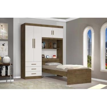 Imagem de Roupeiro CAN Com Cama + cabeceira Baú Solteiro 1.57m 4 Portas e 3 Gavetas Amplo Espaço Interno Cor Jequitiba/Off White