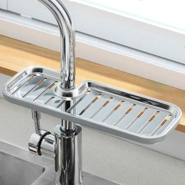 Imagem de Torneira esponja sabão drenagem rack de armazenamento pia ajustável pano de prato suporte de ralo cozinha banheiro pia organizador organizador de pia em preto