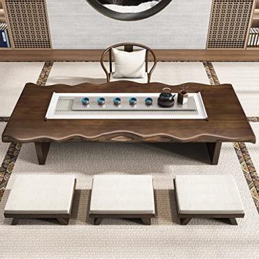 Imagem de Mesa de centro retangular de 63-70,9 polegadas, mesa baixa de estilo japonês para tatami, quarto, janela saliente, sala de chá, madeira de pinho, com poltrona e banco (marrom (1 mesa + 4 cadeiras) 180