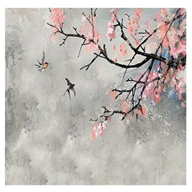 Imagem de Tuyifa Novo papel de parede de seda mural de pintura a óleo nórdica flor de cerejeira parede nova parede de fundo chinês pintado à mão flor e pássaro (98''x68'' (250x175cm))