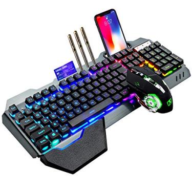 Imagem de Teclado e mouse para jogos sem fio, teclado recarregável com retroiluminação RGB com painel de metal de bateria de 5000 mAh, teclado mecânico removível para descanso de mão e mouse mudo de 7 cores