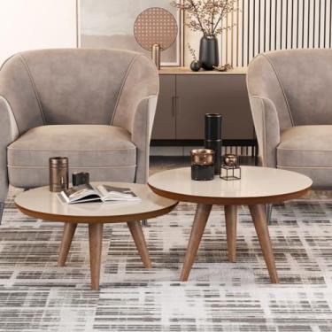Imagem de Conjunto 2 Mesas De Centro Redondas Tripé Pés Palito Decorativas Luma – JM3 MÓVEIS (Off White/Freijó)