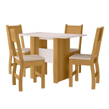 Imagem de Conjunto de Mesa de Jantar Retangular com Tampo MDP Off White e 4 Cadeiras Milano Revestimento Sintético Bege e Freijó