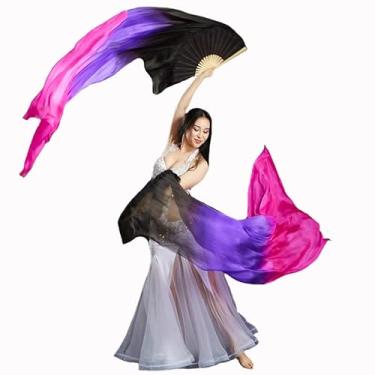 Imagem de Nimiman 1 par feminino (esquerda + direita) de seda para fãs de dança do ventre véu dança do ventre leques dobráveis longos comprimento 180 cm largura 90 cm (preto roxo rosa)