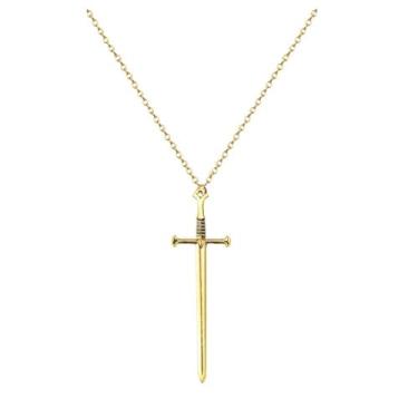 Imagem de BELUCKIN Colar punk com pingente de cruz e espada retrô, gótico, longo, punhal, joia hip hop, para homens e mulheres, 8.8*2.5CM, Zinco, Sem Pedra Preciosa