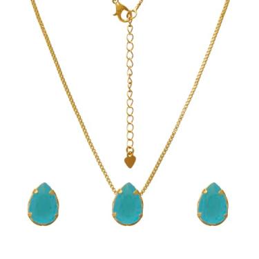 Imagem de Conjunto de Colar e Brincos de Gota Colorida Folheado em Ouro 18K Softjoias (Azul)