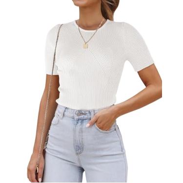 Imagem de HAEOF Camiseta feminina 2024 verão manga curta malha canelada slim justa camiseta básica casual, Branco, P