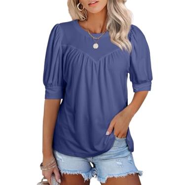 Imagem de EVALESS Camisetas femininas de manga curta casual verão gola redonda plissadas sólidas soltas camisetas camisetas básicas, Azul marinho, GG