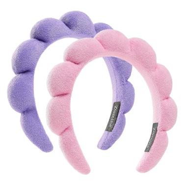 Imagem de Pacote combo de faixas faciais para spa – 2 faixas de cabelo de tecido felpudo para lavar o rosto, máscaras e tratamentos de pele (rosa + roxo)