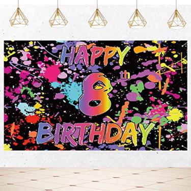 Imagem de Joyiou Neno brilha no escuro feliz 8º aniversário decoração faixa de fundo para meninas meninos, placa de aniversário de 8 anos de idade, grafite colorido suprimentos para cabine de fotos de aniversário (1,5 x 0,9 m)