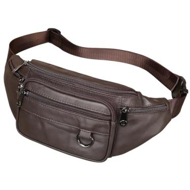 Imagem de Pochete de couro legítimo, feita à mão, durável, bolsa de cintura com muitos bolsos com zíper antirroubo, Café, SMALL