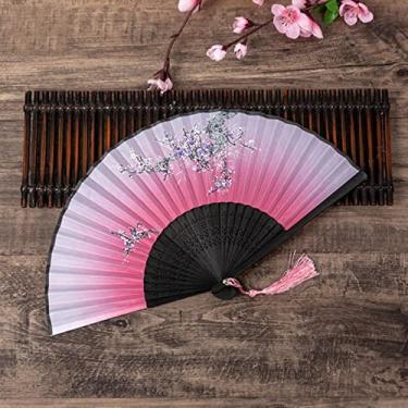 Imagem de YQHWLKJ Ventilador dobrável estilo chinês vintage, ventiladores de mão de pano de bambu, decoração de casa, presentes de casamento, festa de dança, ventiladores portáteis