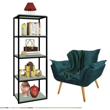 Imagem de Kit Poltrona Fatte com Manta Soft Verde e Estante Livreiro Ferro Preto MDF Verde Oliva Suede Azul Turquesa - Ahz Móveis