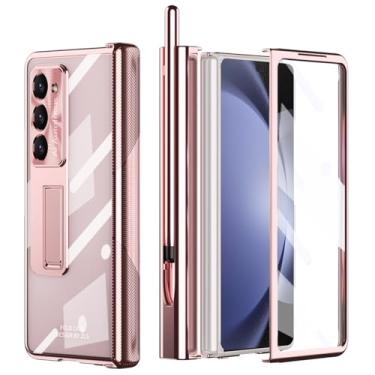 Imagem de YQODSZ Capa para Samsung Galaxy Z Fold 5 com S Pen + suporte de caneta, duas dobradiças de proteção para Z Fold 5 capa protetora de tela embutida Z Fold 5 5g capa transparente com suporte Z Fold 5 5g capa de telefone rosa