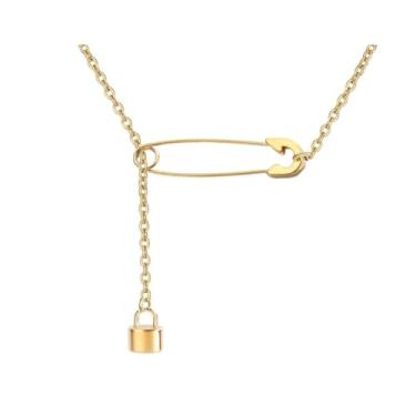 Imagem de Colar de alfinete de segurança, prata, dourado, clipe de papel, clipe de papel, trava, colar de lariat para mulheres e homens, joias de presente, Medium, Aço inoxidável, Sem Pedra Preciosa