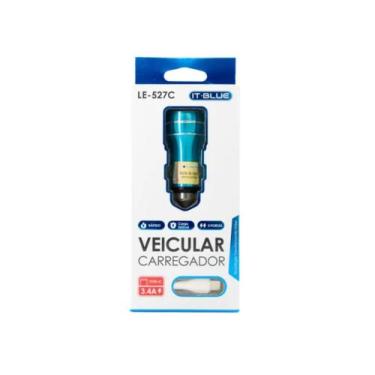 Imagem de Carregador Veicular 2 Usb C/ Cabo Tipo-c 3.4a - Carga Rápida - It Blue