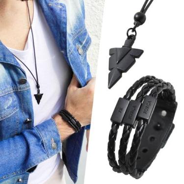 Imagem de Pulseira De Couro Masculina Feminina Fé Força Coragem Foco Trançada Aj