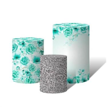 Imagem de Trio Capas Para Cilindro Versátil Flores Azul Turquesa Glitter Prata B