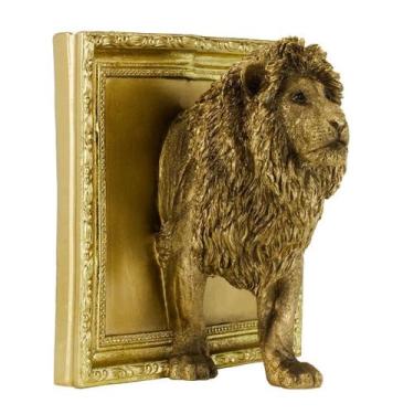 Imagem de Leão Saindo Da Moldura Dourado 22cm  Enfeite Decorativo Resina - Taime