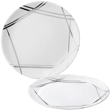 Imagem de Bandejas de servir de plástico redondas da coleção Twist Luxuosa, branca/prata - 40,64 cm (pacote com 2) - Travessas versáteis e estilosas | Perfeito para reuniões e eventos