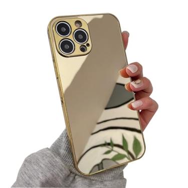 Imagem de LUVI Compatível com iPhone 16 Pro Max Capa espelhada maquiagem luxo vidro brilhante galvanizado amortecedor fino ultra fino proteção de lente da câmera - ouro