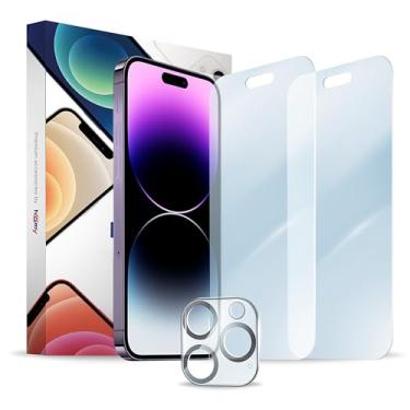 Imagem de homy Kit protetor de tela japonês premium anti-luz azul [2 unidades] para iPhone 14 Pro Max 6,7 polegadas. Vidro temperado 3D claridade UHD - Proteção para os olhos contra UV negativo. Bônus: 1x capa de lente de câmera.