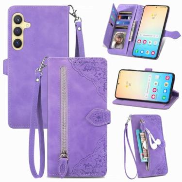 Imagem de Monwutong Capa carteira com design de armazenamento com zíper para Samsung Galaxy S24 Plus, capa de couro PU com toque agradável à pele, fecho magnético e compartimentos para vários cartões, coldre