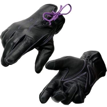 Imagem de Luvas femininas de couro preto e roxo com palmas de gel e cadarços roxos Milwaukee Leather MG7771 - Grande