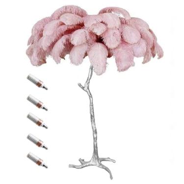 Imagem de Luminária de pé de luxo com pena de avestruz natural com 3 lâmpadas de LED E14 de temperatura de cor, poste dourado e luz de base para decoração