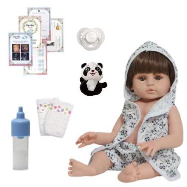 Imagem de Bebe Reborn Príncipe Cabelo Castanho 100% Vinil Roupão Panda - Cegonha