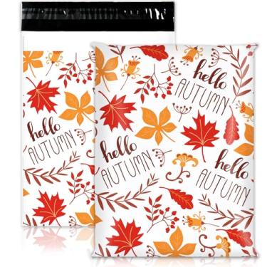 Imagem de JarThenaAMCS 100 peças de envelopes de poliéster de outono 25,5 x 33 cm Olá outono folhas de bordo sacos de correio laranja autovedante embalagem de plástico envelopes sacos de envio para roupas de