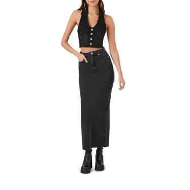 Imagem de Forever 21 Saia feminina jeans midi com fenda, Preto lavado, PP
