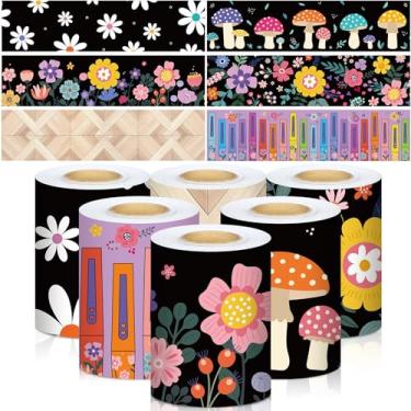 Imagem de Kolldenn 6 rolos de 60 m bordas de quadro de avisos de flores silvestres retas laminadas acabamento de quadro negro bordas decoração escolar bordas em 6 designs para sala de aula decoração de volta às