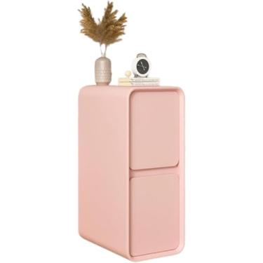 Imagem de Mesa de cabeceira estreita, mesa de cabeceira com 2 gavetas, mesa de canto de madeira para economizar espaço, suporte noturno com acabamento em couro para quarto e sala de estar, rosa, 20 cm