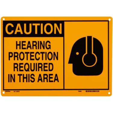 Imagem de Brady 46748 35,5 cm largura x 25,4 cm altura B-555 alumínio, sinal de alerta preto sobre amarelo, cabeçalho "Cuidado", legenda "proteção auditiva necessária nesta área" (com imagem)