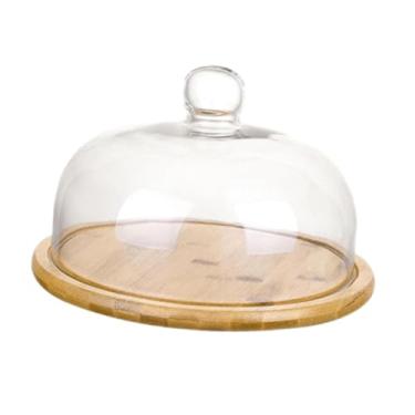 Imagem de Fenteer Suporte de bolo de bambu com cúpula de vidro, prato de diaplay, bandeja de servir para festa festiva, grande