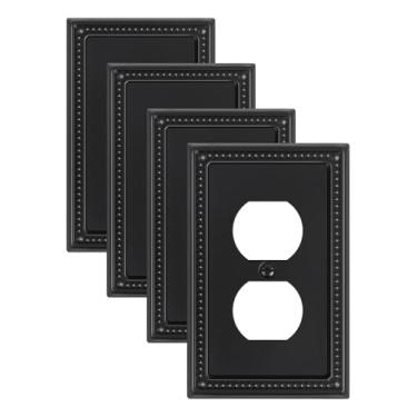 Imagem de TREEWELL Pacote com 4 capas de tomada duplex, placas de parede de metal preto para tomadas elétricas, 1 capa de interruptor de luz de receptáculo, placas decorativas de pérolas e tampas de tomada