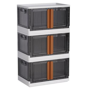 Imagem de LCG Caixotes de armazenamento de plástico dobráveis de 3 camadas com tampas e portas, 57 galões (49 litros x 3 pacotes), gaveta organizadora empilhável