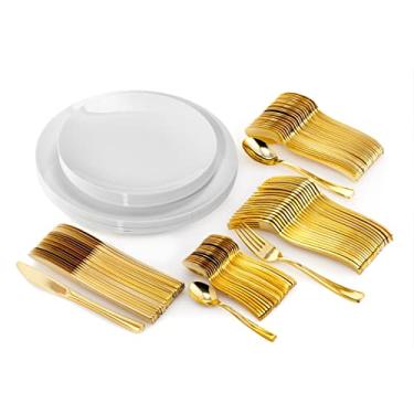 Imagem de Trendables Conjunto de pratos de plástico descartáveis com talheres para 40 talheres de plástico, inclui 40 pratos de plástico para sobremesa, garfos de plástico, colheres de plástico, facas de