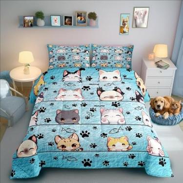 Imagem de Manfei Conjunto de edredom fofo para meninos e crianças, tamanho casal, estilo desenho animado azul, para decoração de quarto, adorável gato, animais de estimação, microfibra escovada, edredom macio