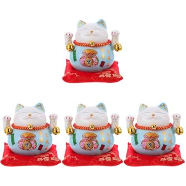 Imagem de Happyyami Cofrinho De Cerâmica Maneki Neko De 4. 5 Polegadas Cofrinho De Gato Da Fortuna 4 Peças Estátua Japonesa De Braço Acenando Para Receber Riqueza Azul
