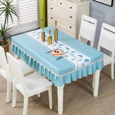 Imagem de Toalha de mesa ajustada simples moderna retangular toalha de mesa impermeável resistente a manchas protetor de mesa com saia para mesa de jantar/festa/casamento decoração azul |||70 x 120 cm/27,5 x
