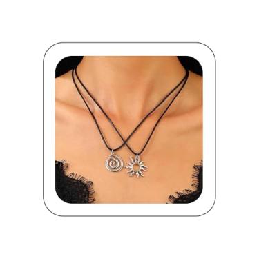 Imagem de Erimberate Colar gargantilha de sol em espiral boêmia, prata com pingente de sol, espiral, cera, espiral, colar de corda de couro preto, conjunto de joias para mulheres, Zinco, Sem Pedra Preciosa