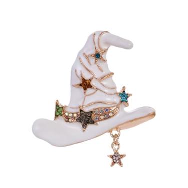 Imagem de Chapéu de bruxa vintage estrela colorido CZ pingente preto branco esmalte broche broche de lapela para mulheres meninas meninos banhado a ouro moda mágica broches broche bonito festa feriado chapéu