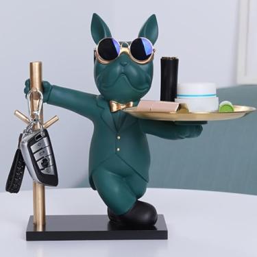 Imagem de Metal French Bulldog Sculpture, Decorative Dog Statue Storage Coin Money Box, Figurine Tray Key Snack Holder for Home Living Room Bar Cafe Decor (Green)