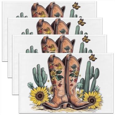 Imagem de Feelyou Jogo americano ocidental para mesa de jantar de cozinha, chapéu de cowboy e botas tapetes de mesa 45,7 x 30,5 cm, tapetes de mesa para meninos, tapetes de mesa decorativos de tecido lavável de