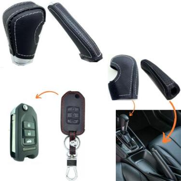 Imagem de Kit Capas Couro Manopla Câmbio Automático + Alavanca Freio de Mão + Ch